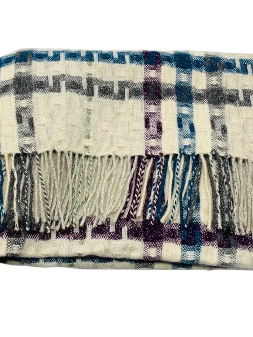 BURBERRY IVORY / BLUE / PURPLE FRINGED PLAID MERINO WOOL AND CASHMERE LONG SCARF